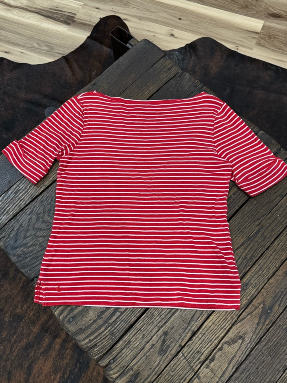 Lauren Ralph Lauren Women's Red & White Striped Short Sleeve Boatneck Top Shirt